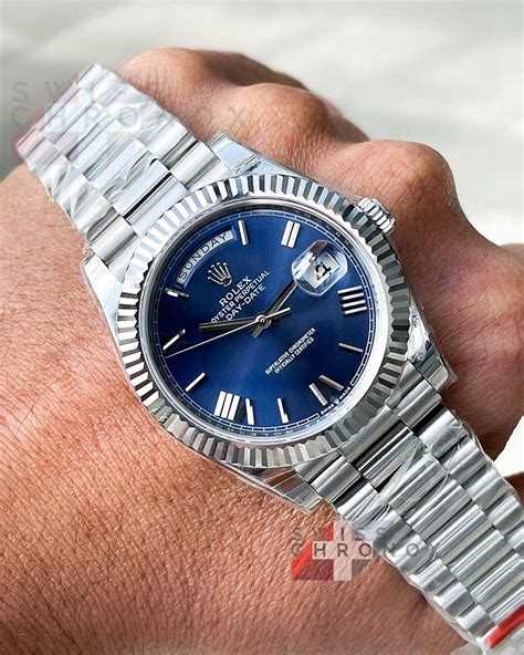 rolex day date blue dial steel|rolex day date 40mm price.